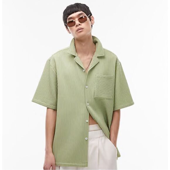 Topman plisse short sleeve shirt in sage size large - Picture 1 of 5